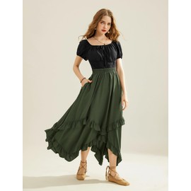 Scarlet Darkness Women Green Flowy Skirt Boho High Waist Long Skirt Renaissance Skirt Army Green L