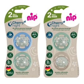Now even more tooth-friendly: nip Cherry dummy, glow in the dark, flat cherry shaped teat made of natural rubber, breastfeeding-friendly, BPA-free, sustainable, from 6 months, pack of 4, blue/green