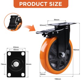 Caster Wheels, Heavy Duty 6 Inch Casters Set of 4, Locking Swivel Casters Wheels for Cart, Furniture and Workbench, Orange