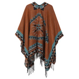Urban CoCo Women's Printed Tassel Open front Poncho Cape Cardigan Wrap Shawl (Orange-series 5)