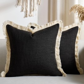Boho Pillow Covers 18x18 Inch Faux Linen Couch Pillow Covers with Fringe Farmhouse Rustic Decorative Pillows Case Black Square Cushion Covers for Sofa Bedroom Living Room Home Decor Set of 2