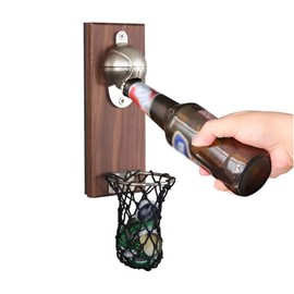 Wall Mounted Bottle Opener with Magnetic Lid Beer Bottle Opener Basketball Wood Pocket Net Fridge Magnet Decor