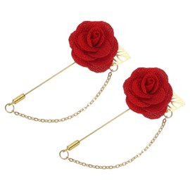 QUARKZMAN Lapel Pin for Men, Size: 1.57 Inch Fabric Alloy Rose Flower Needlesuit Lapel Pin with Gold Leaf & Embellishment/Tassel Chain Brooch for Groom Wedding 2 Pieces Deep Red