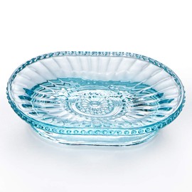 MDLUU Glass Soap Dish, Embossed Bar Soap Holder, Decorative Soap Saver Tray, Vintage Bar Soap Dish for Shower, Bathtub, Bathroom Sink, Kitchen Sink, Pack of 2 (Blue)