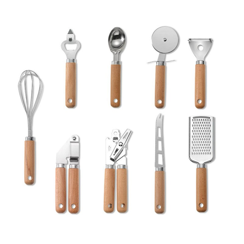 9PCS Kitchen Utensil Set Stainless Steel Wooden Handle Portable Baking