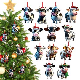 D24TIME Christmas Cow Decorative Hanging Ornaments 12Pcs Wooden Funny Farm Cow Animal Ornaments for Christmas Tree Decorations Kids Cow Decor for Stocking Stuffers Farmhouse Xmas Holiday Party Gifts