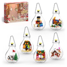 6 Pack Christmas Tree Bulb Ornament with Light Building Set, Including Gingerbread House, Penguin House, Christmas House, Fireplace, Nutcracker, Reindeer, Stocking Stuffer Toy Gifts for Kids.(405PCS)