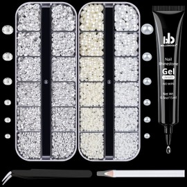 BELLEBOOST Nail Art Rhinestone Glue Gel&2 Boxes Flatback Gems Kit, 1 Tube of 15ml Rhinestone Gel Glue(UV/LED Needed)+Round Clear Gems+Flat-Back Half Round White&Beige Pearls with Pickup Tools