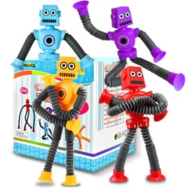 Robot Sensory Travel Toys 4Pcs for Toddlers Kid Boy Year Old Ages 3 4 5 6 7 8 9, Airplane Activities Suction Autism Pop Tube Fidget Toys Autistic Stocking Easter Basket Stuffer Valentine Gift for Kids