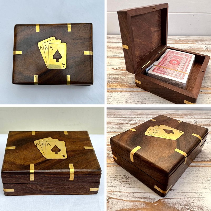 Thorness Elegant Black Wooden Playing Card Box with Brass Accents