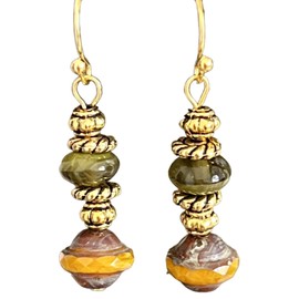Etched Gold, Marigold and Green Bead Earrings Earth Tones. Jewelry Earrings for Women #3298FE3499
