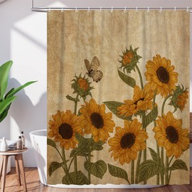 DuriLolly Rustic Sunflower Shower Curtain 71x71 Inch Retro Floral Butterfly Yellow Sunflower Green Leaves Farmhouse Plant Shower Curtains Waterproof Fabric Bathroom Decor Curtains with Hooks
