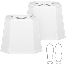White Lamp Shades Set of 2, 10.5" x 10"x 13" Rectangle Cut Corner Medium Lampshades Natural Linen Hand Crafted, Include 2 Pack Lamp Harps, Suitable for E26 Base and Saddle Base, Easy Assembly Required