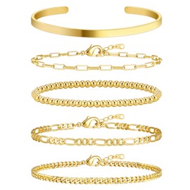 Wowshow Gold Bracelets for Women - 14K Real Gold Plated Link Charm Dainty Chain Stackable Bracelet Set Adjustable Bangle Cuff Pack Jewelry Gifts 6.8 Inch