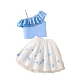 MakeMeChic Girl's 2 Piece Outfits Ruffle Tiered Cami Top and Butterfly Print Mini Skirt Sets Blue and White 9Y