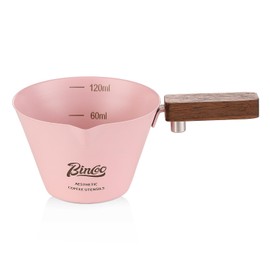 Pink Espresso Measuring Cup,120ML Espresso Shot Cup with Wood Handle, Stainless Steel Espresoo Pouring Cup with Scale and Single Spout