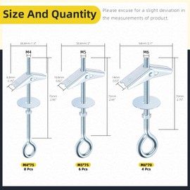 Mardatt 18Pcs M4 M5 M6 Eye Bolt Toggle Bolt Assortment Kit, Spring Toggle Bolts Butterfly Anchors Butterfly Toggle Anchors, Heavy Duty Drywall Anchors with Wing Nut for Hanging Lamps Heavy Items
