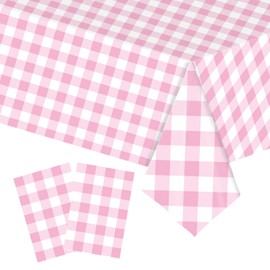 2pcs Baby Pink White Checkered Table Cloth Party, 137*274cm Plastic Table Cloth Wipe Clean,Gingham Pvc TableCloths Rectangular Waterproof Plaid Table Cover for Birthday Baby Shower Easter Party