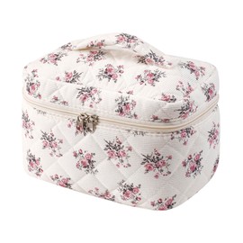 uekeboag Large Travel Quilted Makeup Bag for Women, Floral Cotton Cosmetic Bag, Coquette Aesthetic Floral Toiletry Organizer Bag(Corduroy Pink