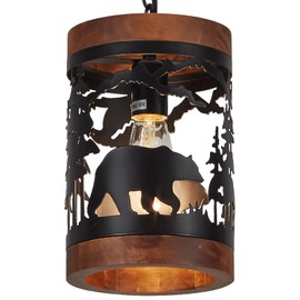 Rustic Bear Pendant Light, 1-Light Farmhouse Wood and Metal Cage Chandelier, Adjustable Hanging Ceiling Fixture for Kitchen Island, Hallway, Bar, Dining Room, Foyer, or Bedroom, (No Bulb Included)