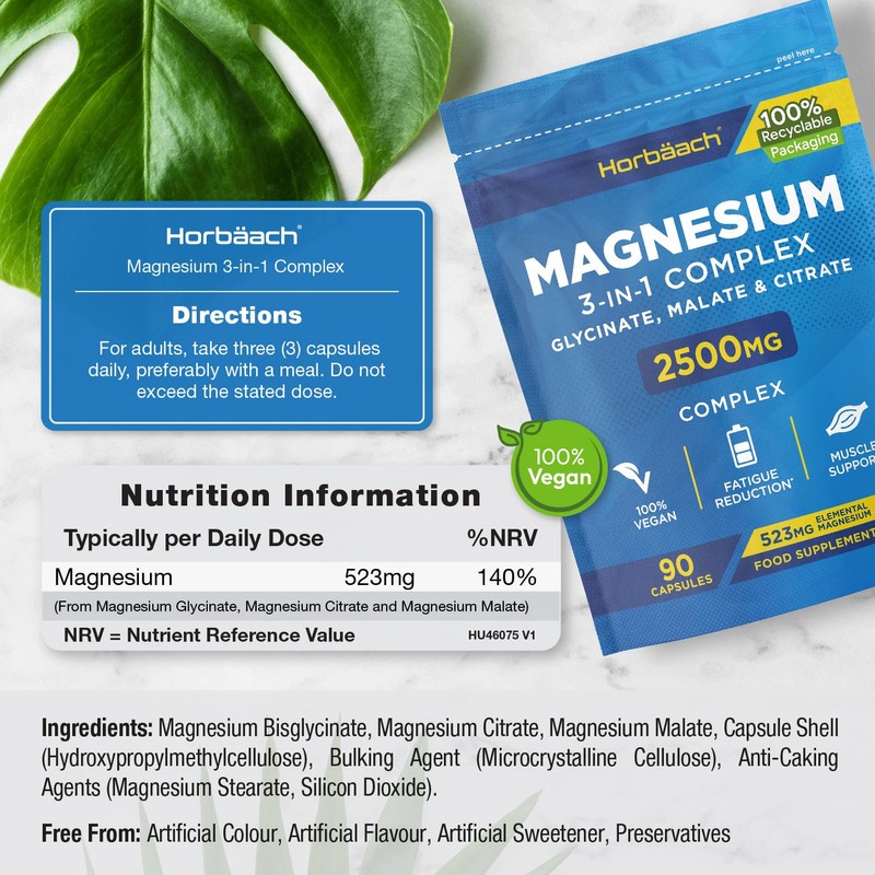 Magnesium Glycinate Supplements 2500mg | 3-in-1 Complex | 523mg Elemental