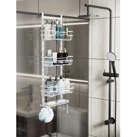 Consumest Over The Door Shower Caddy - 4 Tier Adjustable Hanging Shower Organizer Shelf with 2 Soap Holders & 22 Hooks, Rustproof Easy Installation Hanging Storage Rack for Bathroom, White