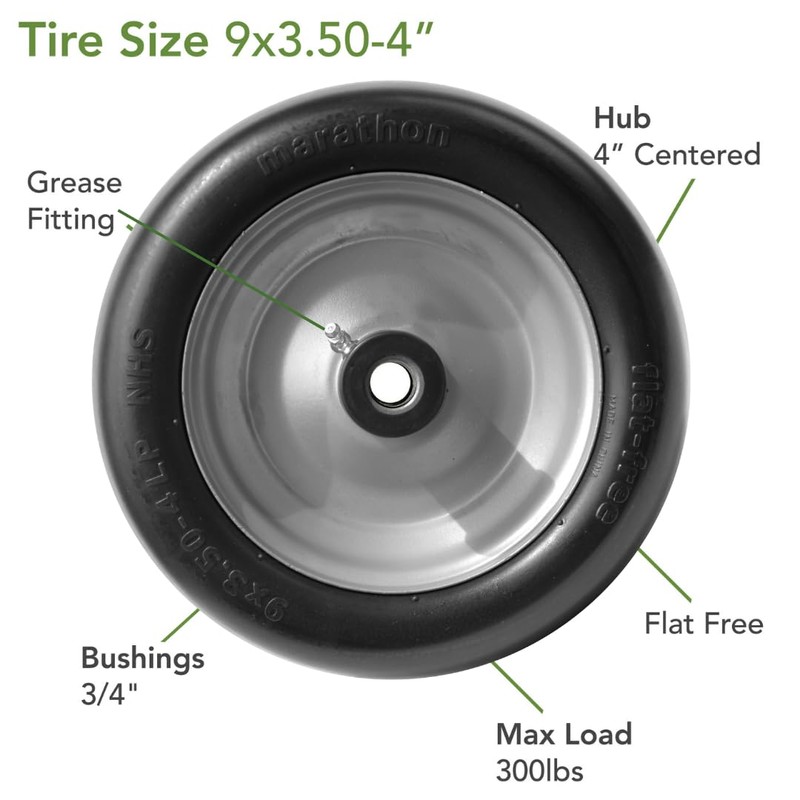 Marathon 9x3.50-4" Flat Free Lawnmower Tire on Wheel, 4" Centered