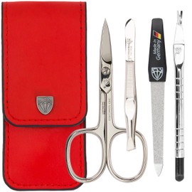 DREI SCHWERTER - 4-Piece Nail Care Set 'Modena' | Manicure and Pedicure Set in Genuine Leather Case Made in Germany Colour: Red | Contents: Nail Scissors, Tweezers, Sapphire Nail File and Cuticle