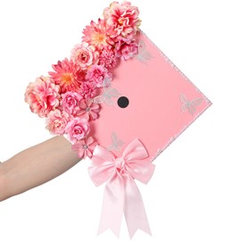 MotiMind 41 Pcs DIY Graduation Grad Cap Decoration Kit 12 Cream Construction Paper with Artificial Flower Heads 3D Butterfly Stickers Pearl Adhesive Dots Satin Bow for DIY Grad Cap Topper(Pink)