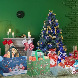 DOJoykey Christmas Tote Bags, 6 Pack Gift Bags with Handle Reusable Festive Grocery Shopping Bags for Christmas Party