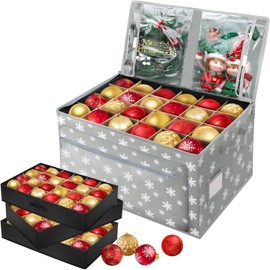 Premium Christmas Ornament Storage Box, Holds up to 72-4" Ornaments Adjustable Dividers, 3 Individual Trays with Separators, 2 Top Pocket, Front Pocket, Holiday Ornament Organizer(Snowflake)