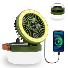 3-in-1 Camping Fan, Portable Solar Fan Rechargeable with LED Lantern, Battery Powered & Solar Camping Fan Light with Hanging Hook for Tent, 3 Speeds USB Fans for Camping Essentials, RV Travel, Outdoor