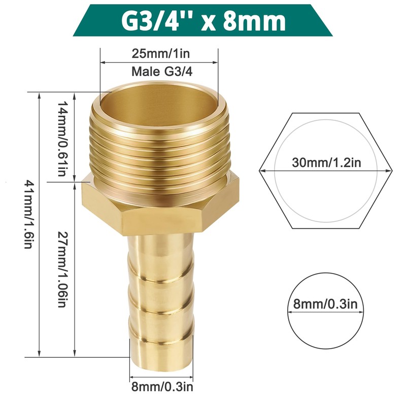 Brass Pipe Adapter, 12 Pieces 8 mm Barb x 3/4