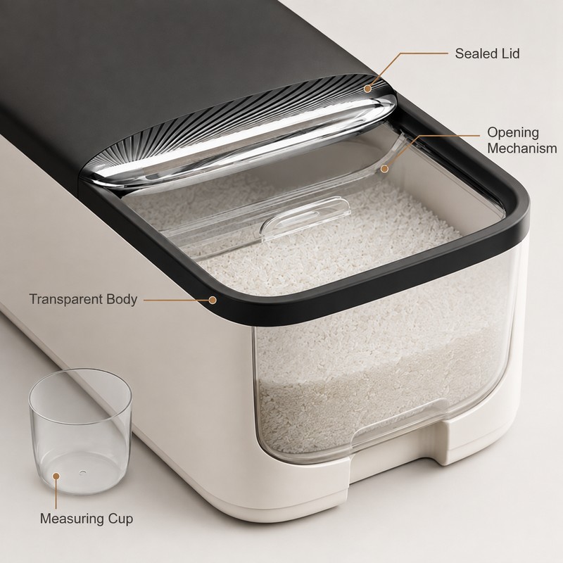 Large Capacity Sealed Rice Storage Container with Measuring Cup –