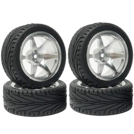 RC Car Tyres and Wheels Set, KINGCOO 4 Pieces 65 mm Rubber Tyres and 6 Spoke Aluminium Alloy Metal Rims Wheels Rims Aluminium Rims Replacement Parts for 1/10 RC On-Road Touring Racing Car (Black