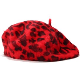 Joylife Fluffy Leopard Print Beret Hat Trendy Cheetah Pattern French Hats Winter Warm Artist Caps for Women Lady, Red