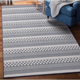 Sherloom Modern Striped Indoor Outdoor Area Rug Weather Resistant Outdoor Carpet for Porch Deck Balcony Backyard Patio Rug 5x8 Grey, Blue