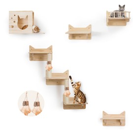 MIUZMORE Wall-Mounted Cat Shelves for Large Cats – 9-Piece Pine Wood Cat Furniture with Scratching Posts, Ladder & House – Indoor Modern Climbing Wall Gym for Cats