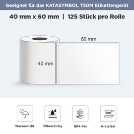 SUPVAN Katasymbol T50M Label Tape Paper, Waterproof Labels for Home, School, Office, 40 mm x 60 mm, 125 Labels/Roll (Transparent)