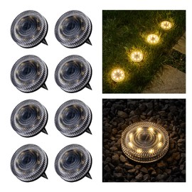 OPOIRA Glass Solar Ground Lights with Crystal Style, Modular-Design Waterproof In-Ground Light for Patio Pathway Lawn Yard Deck Walkway, Decorative Disk Lighting for Garden Bed, Warm White (8 Pack)