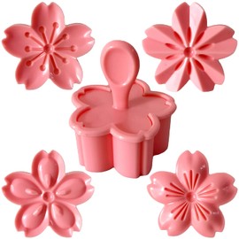 Goeielewe Pastry/Cookie/Fondant Stamper, 2-Inch Press Cookies Mold with 4 Stamps Pink Cherry Blossom Shape Flower Hand Pressure Pastry Tool Fondant Cutters Set for Baking