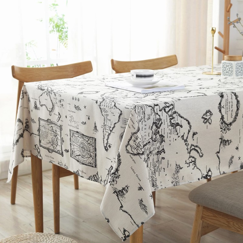 LOONELO World Map Cotton Linen Tablecloth,Antique Map Printed Tablecloth,Washable Retro