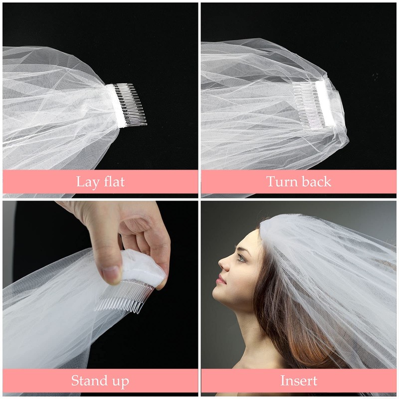 White Wedding Veil,2 Tier Ribbon Edge Center Cascade Bridal Veil