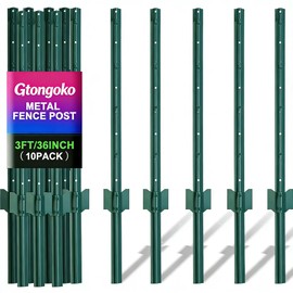 Gtongoko 3 Feet Sturdy Duty Metal Fence Post, Pack of 10, U Post for Fencing Green Fence Posts for Garden Yard and Outdoor Wire