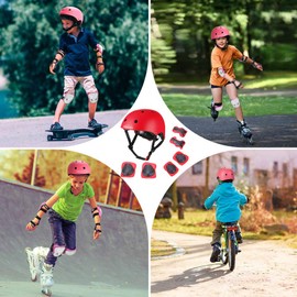 KAMUGO Kids Adjustable Helmet, with Sports Protective Gear Set Knee Elbow Wrist Pads for Toddler Age 3-8 Boys Girls, Bike Skateboard Hoverboard Scooter Rollerblading Helmet Set (Red)