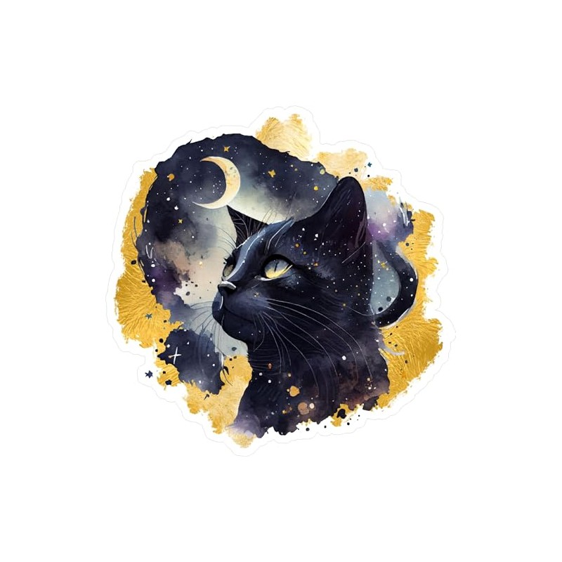 Black Cat Midnight Cosmic Gold Pattern Sticker Cute Unique Design