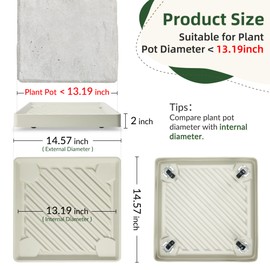 REDHUGO 2PCS Square Plant Caddy with Hidden Wheels, Heavy Duty Rolling Plant Stand Caddy with Wheels, Pot Base for Indoor Outdoor, Beige, 14 inches