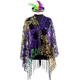 Colorful House Mardi Gras Poncho ostume Sequin Shawl Scarf with Mardi Gras Mask Masquerade Party Costume Accessories(Purple)