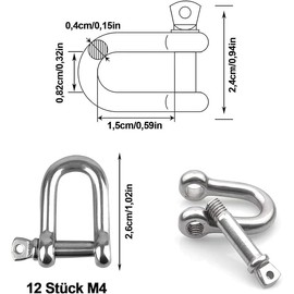 Shackle D Shape, Shackle, Pack of 12 M4 D Shackles, 304 Stainless Steel D-Ring Shackle, Stainless Steel D Ring Shackle, Straight Lock Shackle, D Shackle, Stainless Steel for Rigging Cords Fixings