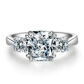 Classic Three Stone Cushion Cut Solitaire Engagement Ring Square Sterling Silver Anniversary Bridal Ring (Silver, 5)